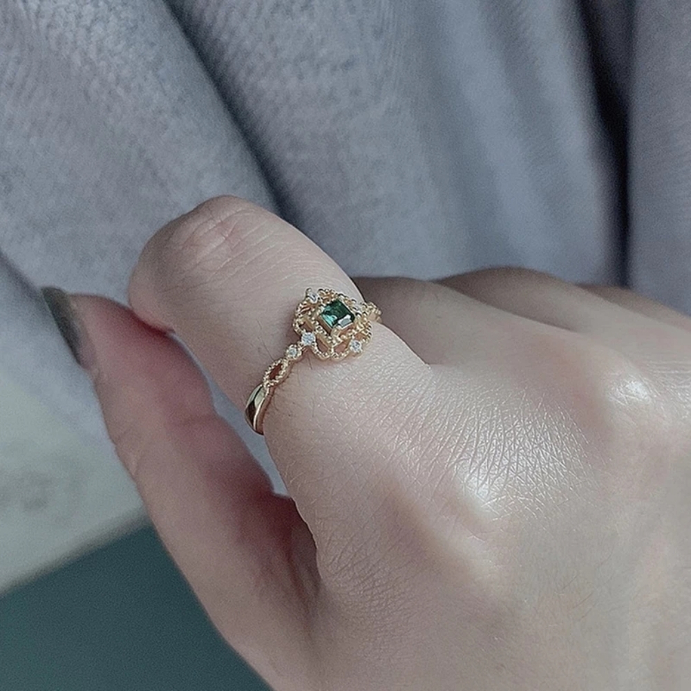 NEW Handmade Lace 14k Gold Filled Diamond Emerald Milgraine Adjustable Ring - Picture 9 of 16